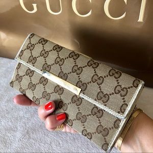 GUCCI GG Canvas & Leather Long Wallet Clutch Auth